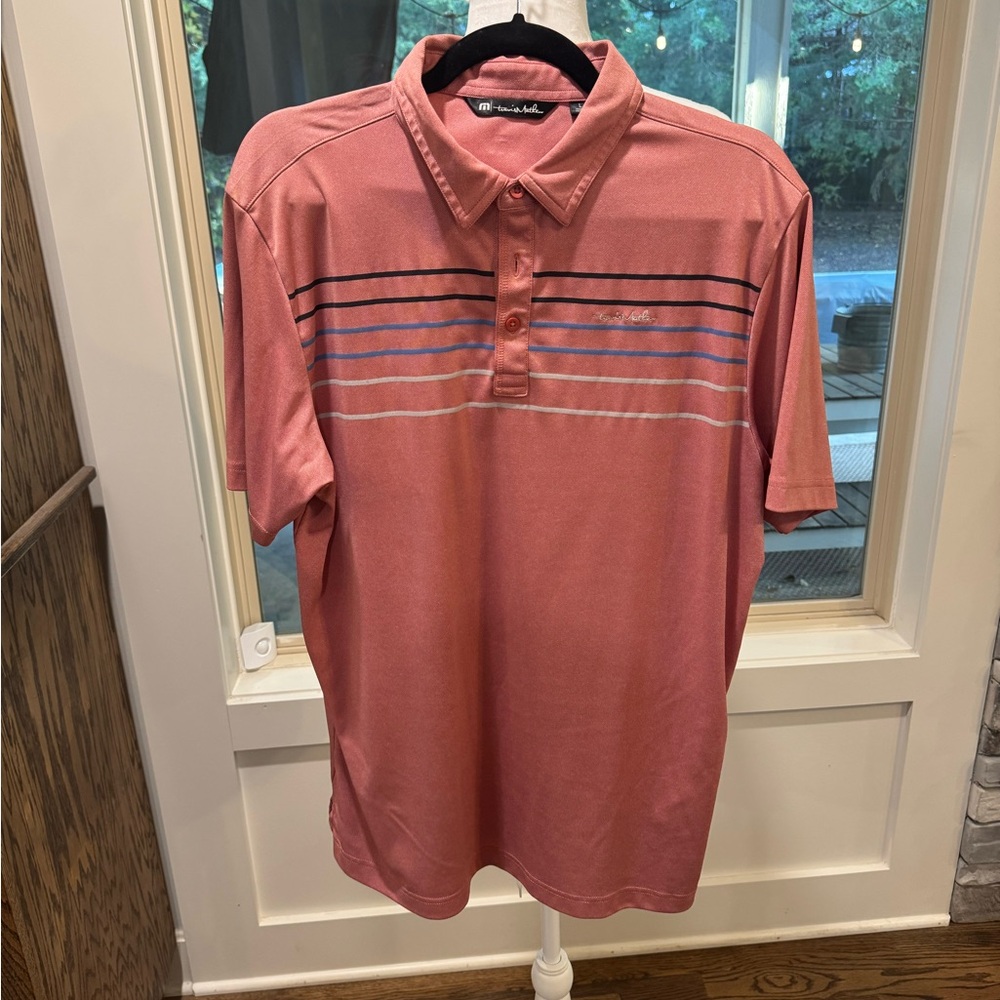 Travis Mathew Red and Blue Striped Polo Shirt Size L